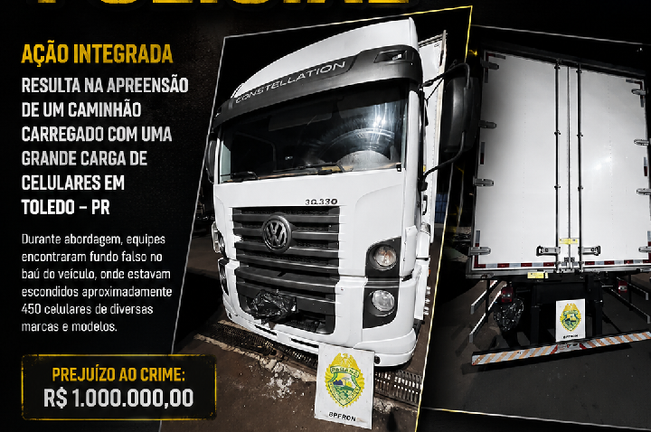 Ação integrada apreende caminhão carregado com celulares avaliados em R$ 1 milhão em Toledo
