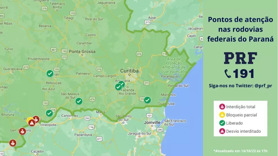 Confira os bloqueios nas rodovias federais do Paraná