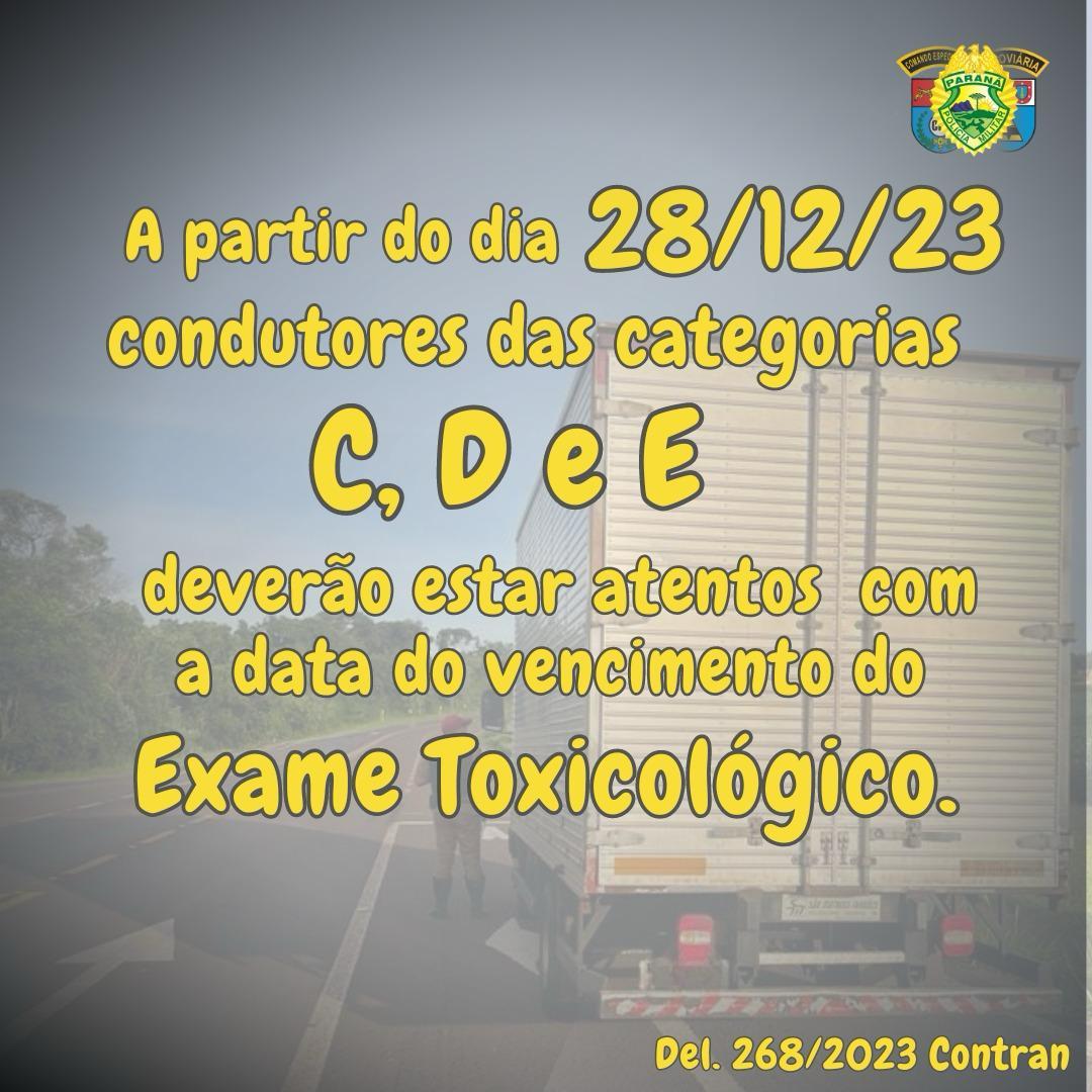 DATA LIMITE PARA VENCIMENTO DO EXAME TOXICOLÓGICO SE ENCERRA NOS PRÓXIMOS DIAS