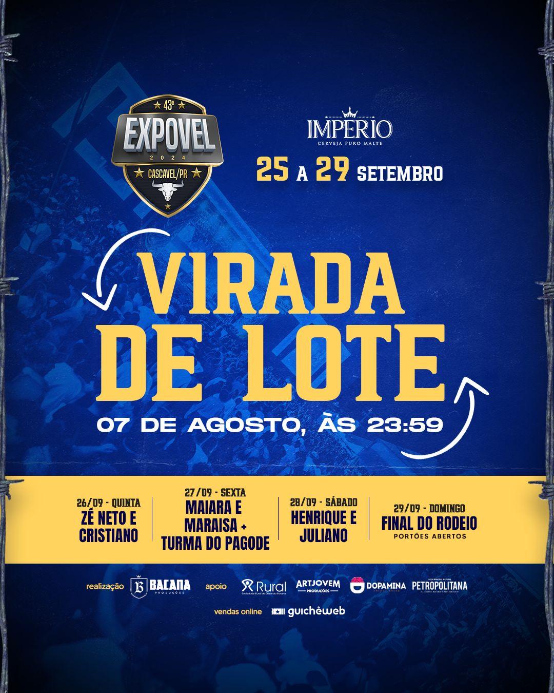 Os PASSAPORTES da 43° EXPOVEL terão virada de lote na próxima Quarta-Feira  (07/08/2024), corra e garanta já seu PASSAPORTE ANTECIPADO.