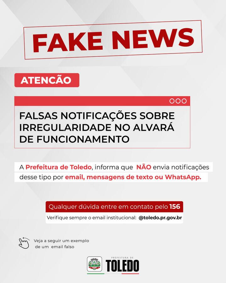 Prefeitura de Toledo alerta sobre notificações falsas de irregularidades no Alvará