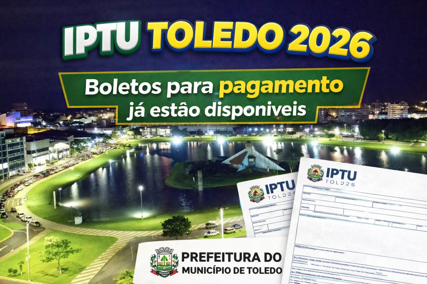 Boletos para pagamento do IPTU Toledo 2026 já estão disponíveis