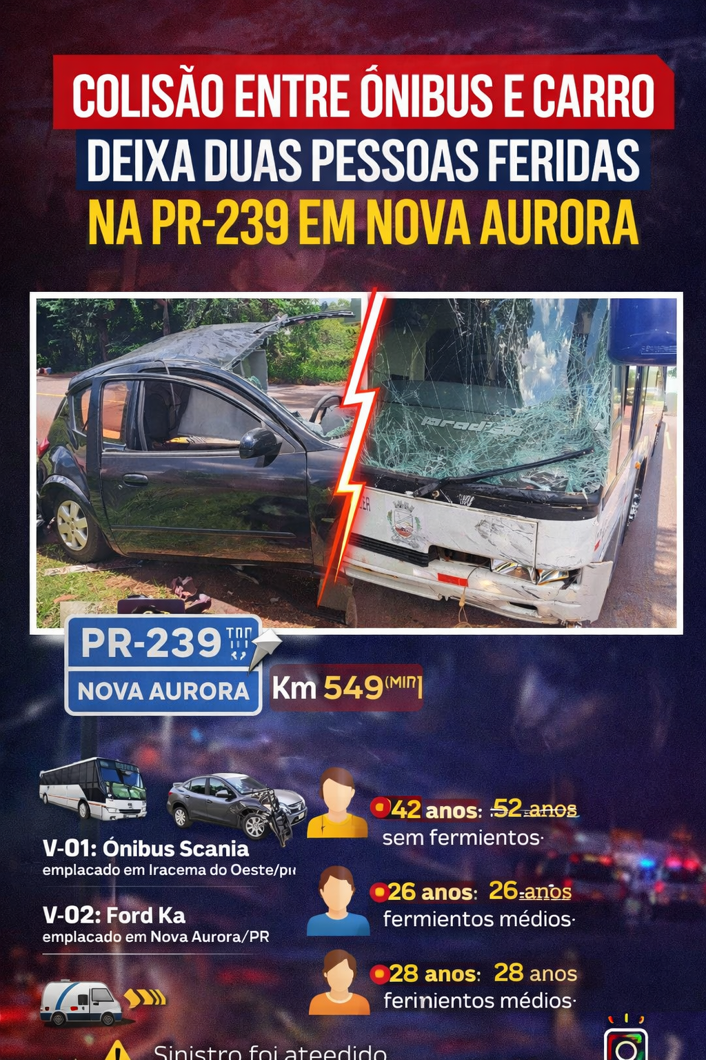 Colisão entre ônibus e carro deixa duas pessoas feridas na pr-239, em Nova Aurora