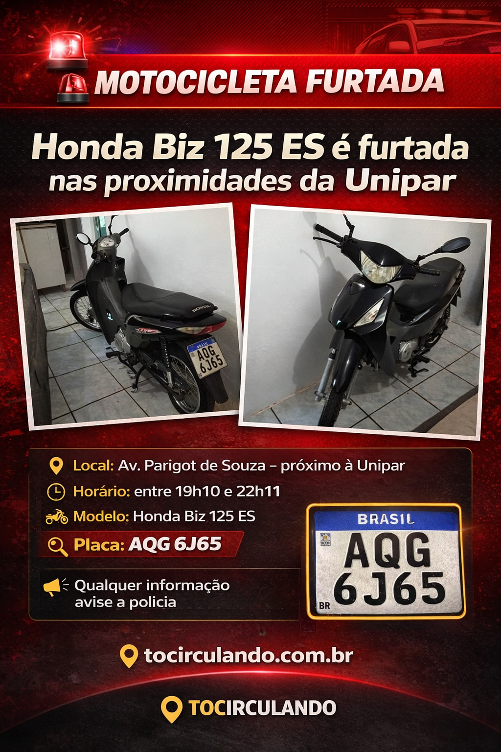 Motocicleta é furtada nas proximidades da unipar em toledo