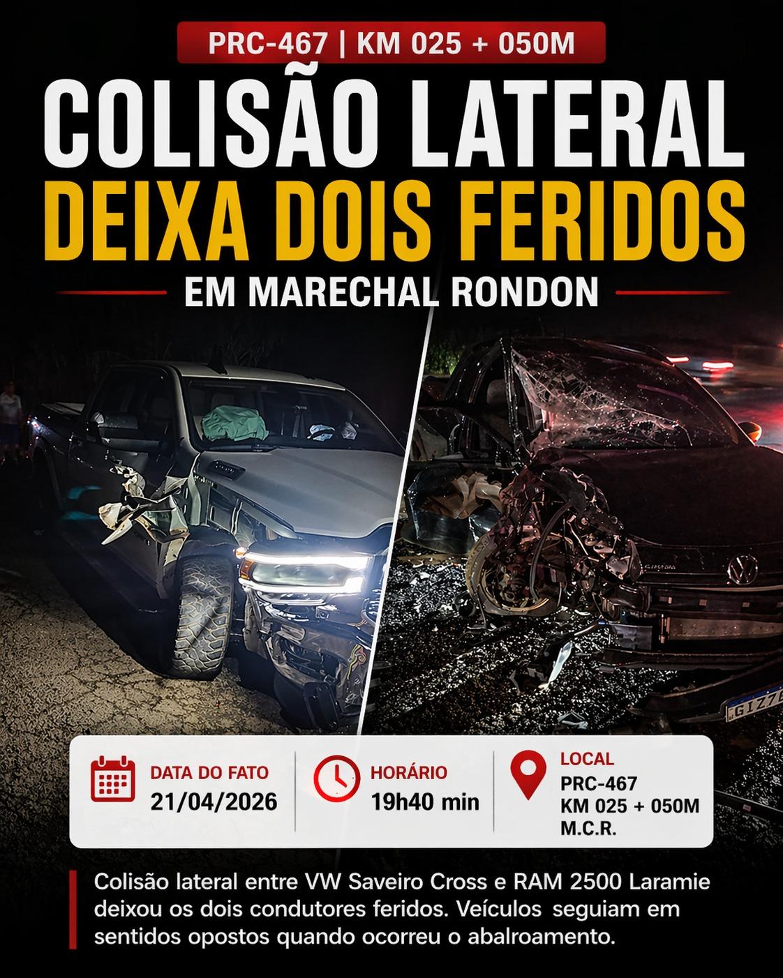 COLISÃO LATERAL NA PRC-467 DEIXA DOIS FERIDOS EM MARECHAL RONDON