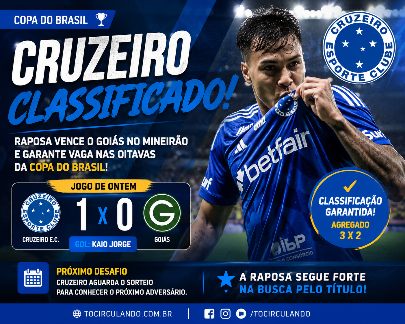 CRUZEIRO VENCE O GOIÁS E GARANTE VAGA NAS OITAVAS DA COPA DO BRASIL