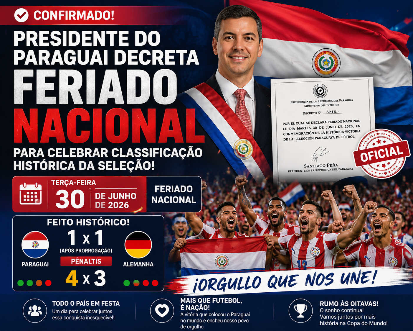 Paraguai para! Governo decreta feriado nacional após classificação histórica sobre a Alemanha