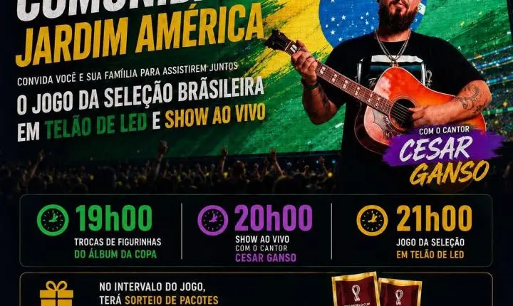 Comunidade Jardim América promove transmissão do jogo da Seleção Brasileira com telão de LED e show ao vivo