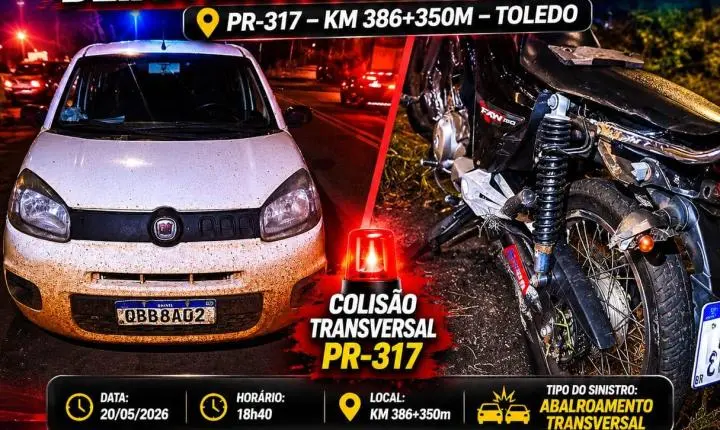 GRAVE ACIDENTE ENTRE CARRO E MOTO DEIXA MOTOCICLISTA FERIDO NA PR-317 EM TOLEDO